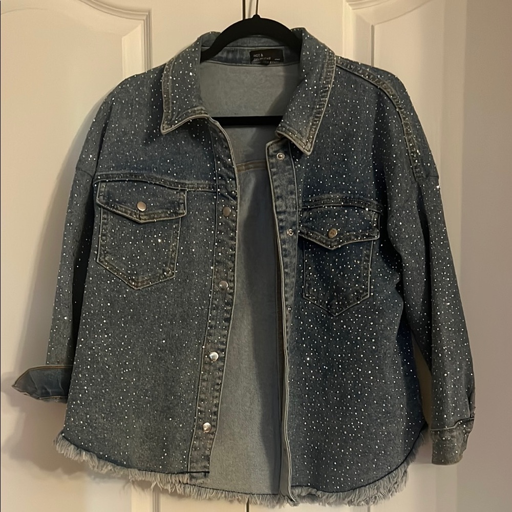 Hot & Delicious Rhinestone-Embellished Denim Jacket in Light Blue